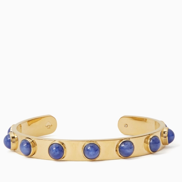 kate spade Gold Tone Tag Along Cuff Bracelet With Blue Inset Round Stones NWT - Picture 8 of 8